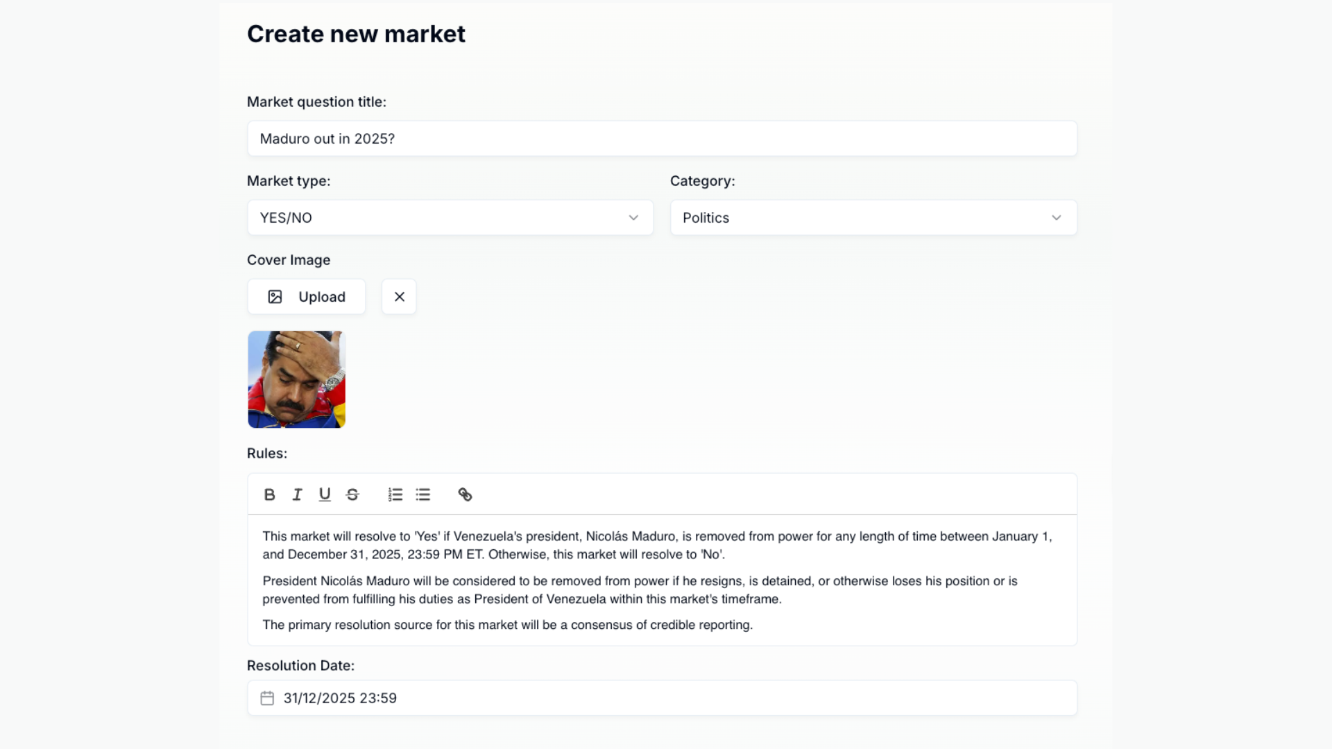Political leadership market example on Xmarket
